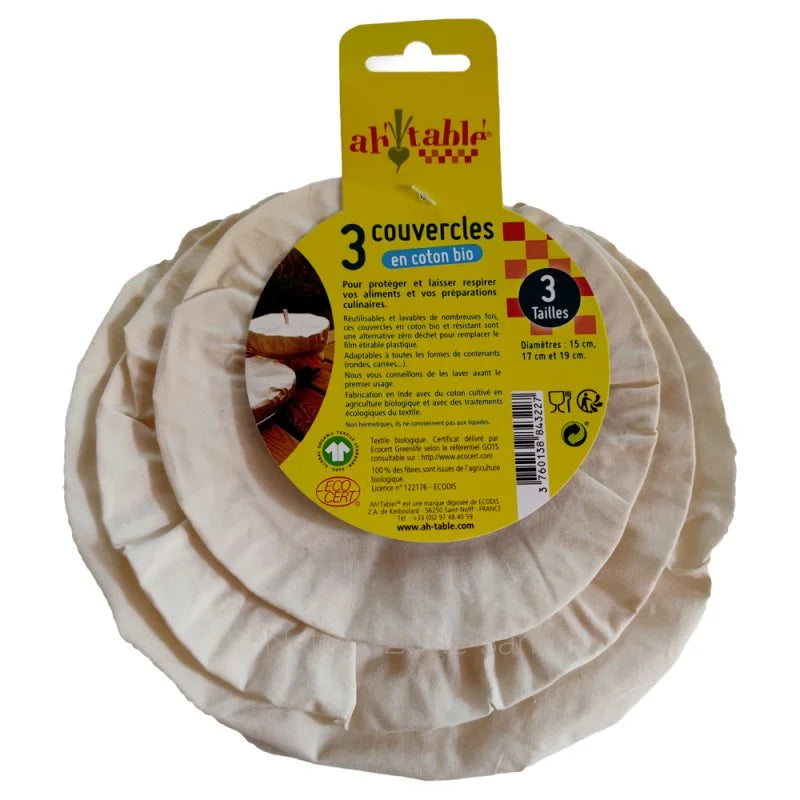 Coperchi in cotone biologico per alimenti - 3 pezzi (20, 25, 30cm)